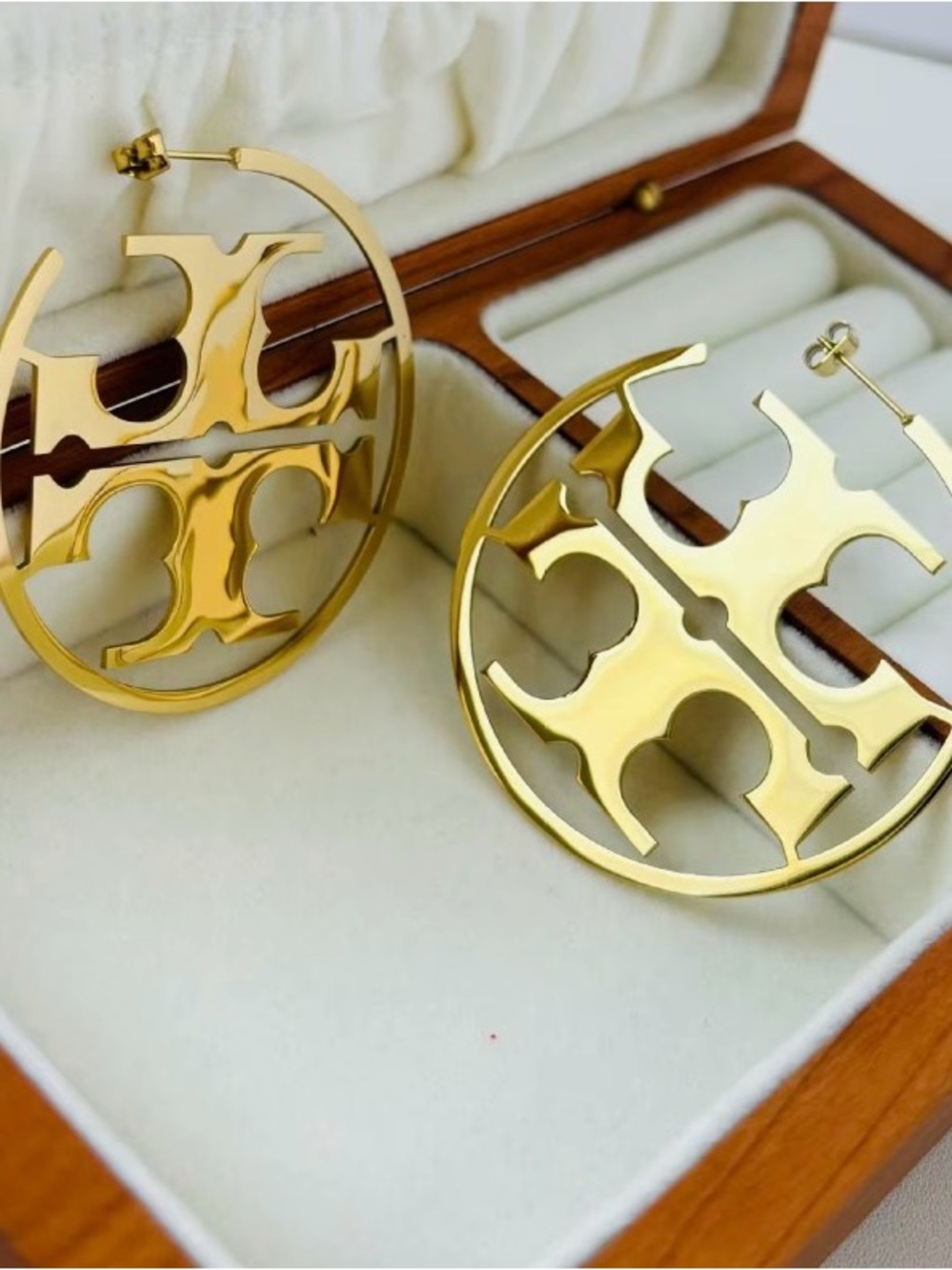 Gold Tone Logo Hoop Earrings - Designer Style